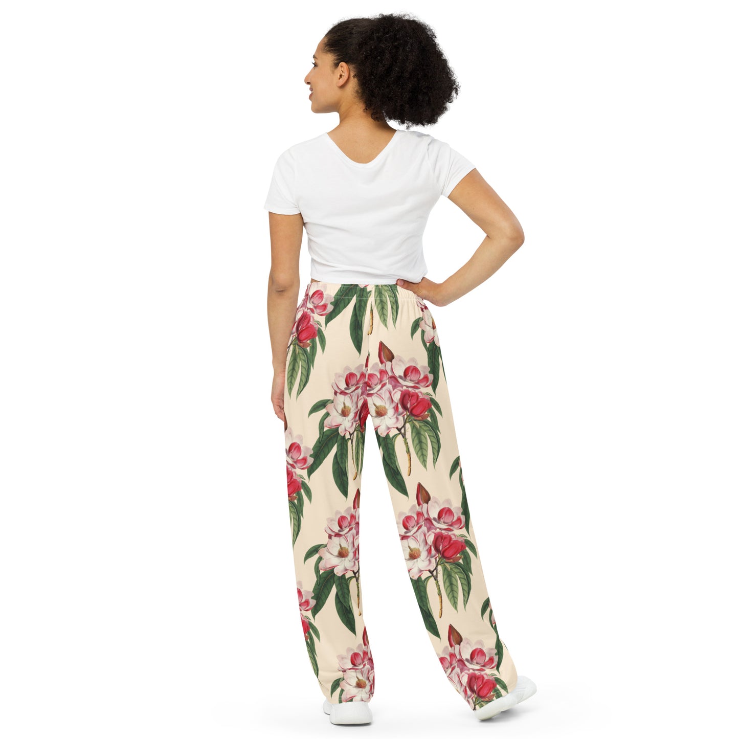 White & Red Blossoms Unisex wide-leg pants